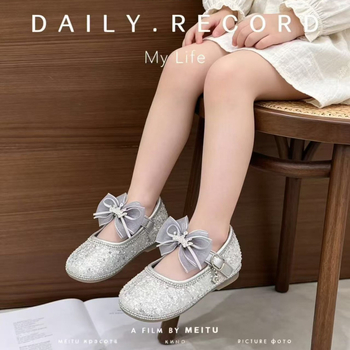 Παπούτσια Πριγκίπισσας για Κορίτσια, 2026 Φθινόπωρο, Λαμπερά με Φιόγκο και στρας, Velcro κλείσιμο