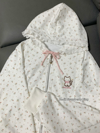 Dámska ľahká kvetinová bunda na zips s kapucňou, dlhé rukávy, voľný strih, jarno-letná, japonský štýl