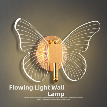 Nástenná lampa Motýľ, luxusné severské nástenné svietidlo do spálne, nástenná LED lampa s trojfarebným osvetlením, krištáľové telo a akrylové tienidlo, zrkadlový dizajn prednej strany