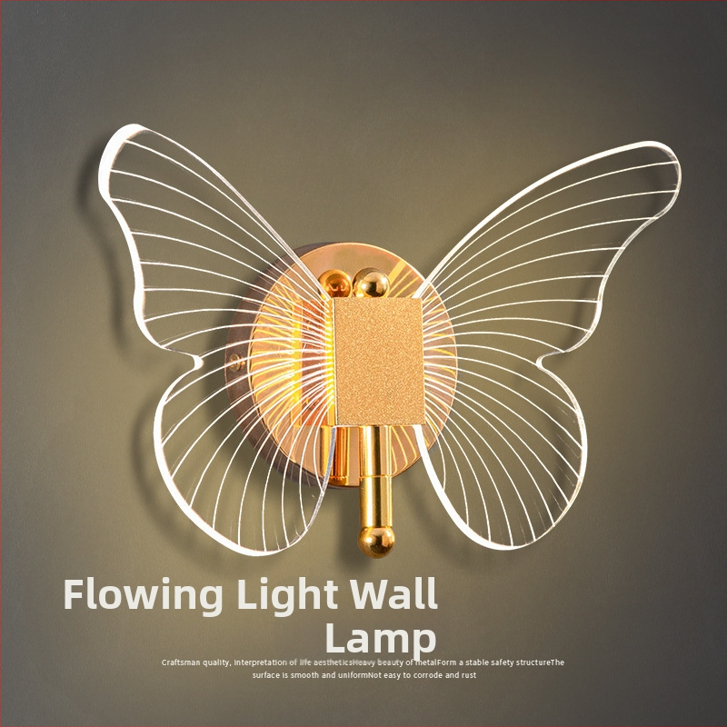 Nástenná lampa Motýľ, luxusné severské nástenné svietidlo do spálne, nástenná LED lampa s trojfarebným osvetlením, krištáľové telo a akrylové tienidlo, zrkadlový dizajn prednej strany