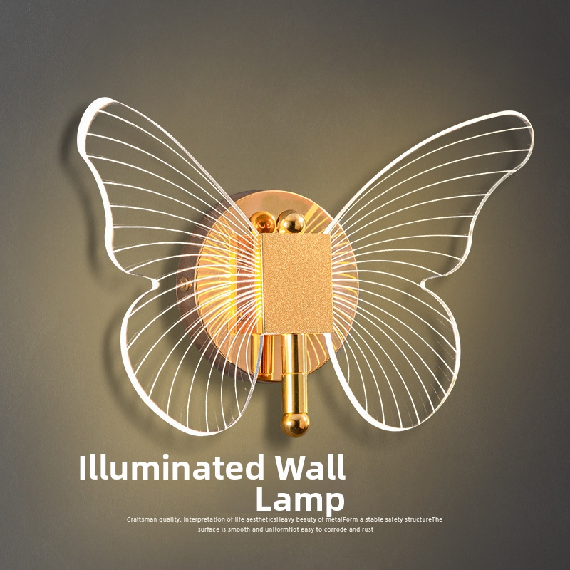 Nástenná lampa Motýľ, luxusné severské nástenné svietidlo do spálne, nástenná LED lampa s trojfarebným osvetlením, krištáľové telo a akrylové tienidlo, zrkadlový dizajn prednej strany
