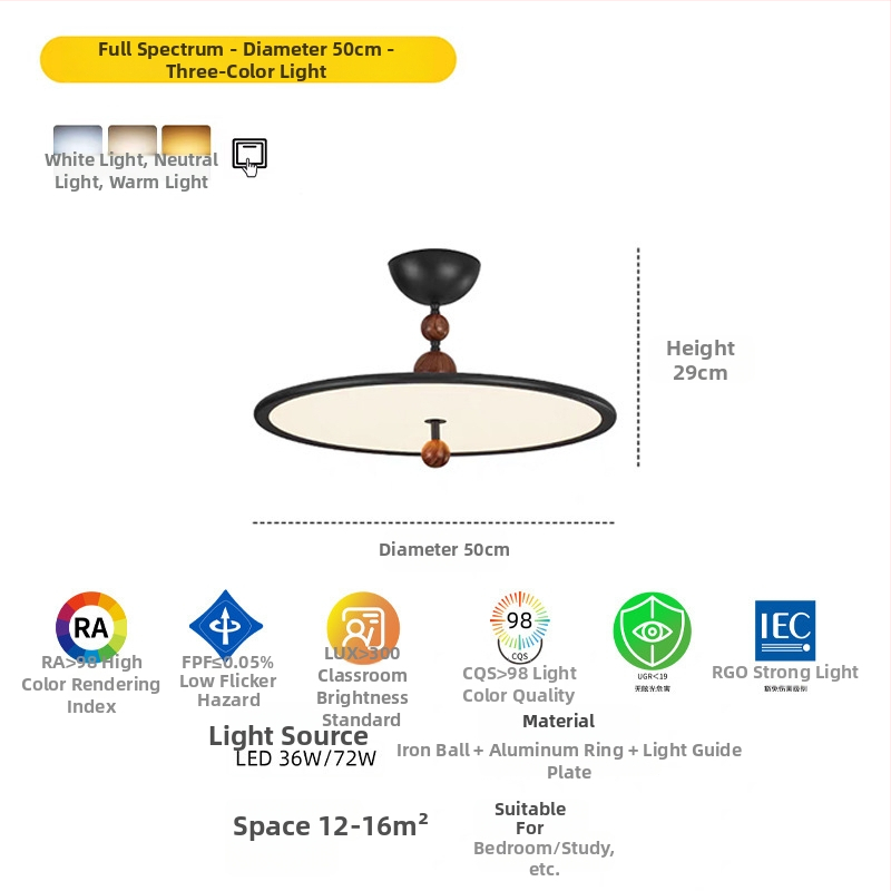 Stropná lampa do spálne v talianskom štýle, retro dizajn s UFO, plné spektrálne svetlo, japonská minimalistická ochrana očí, do spálne a pracovne