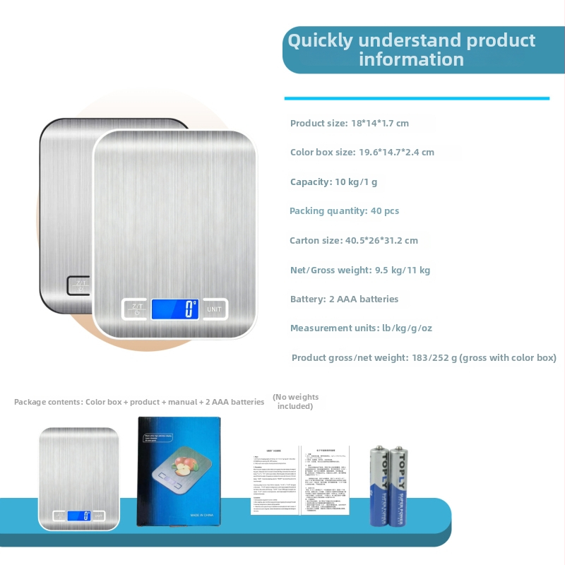 P20 konyhai elektronikus mérleg, 10 kg, rozsdamentes acél, mérési tartomány 1 g–10 kg