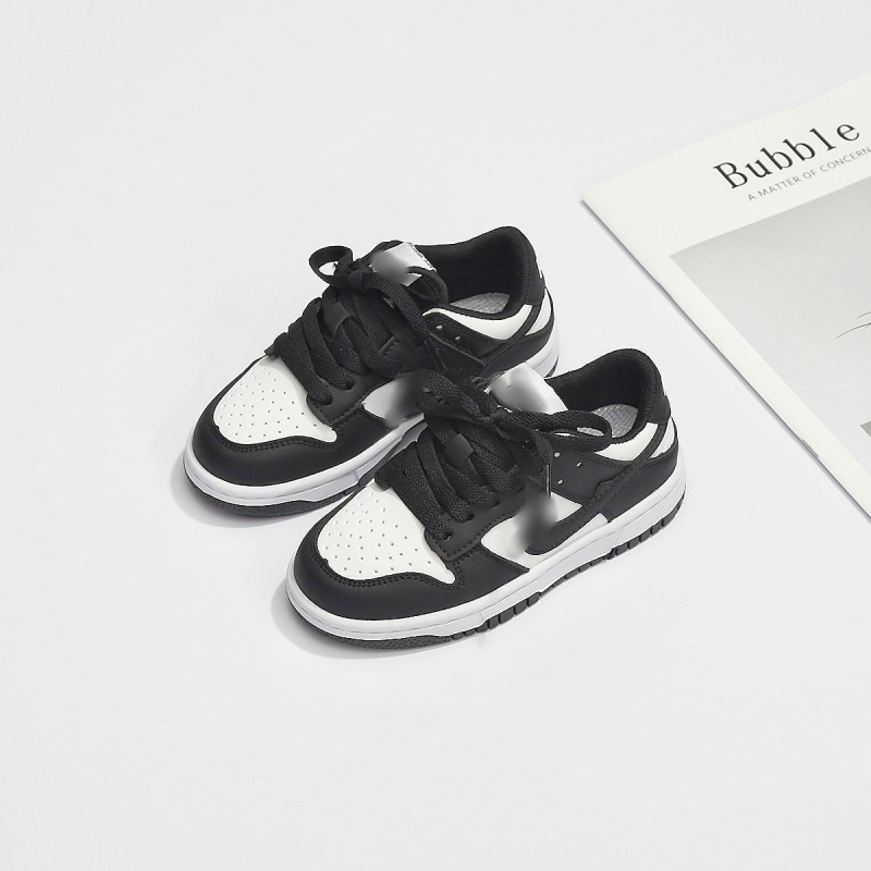 Pantofi sport unisex pentru copii din piele naturală, respirabili, panda negru-alb, blocuri de culoare, croi scurt, Velcro