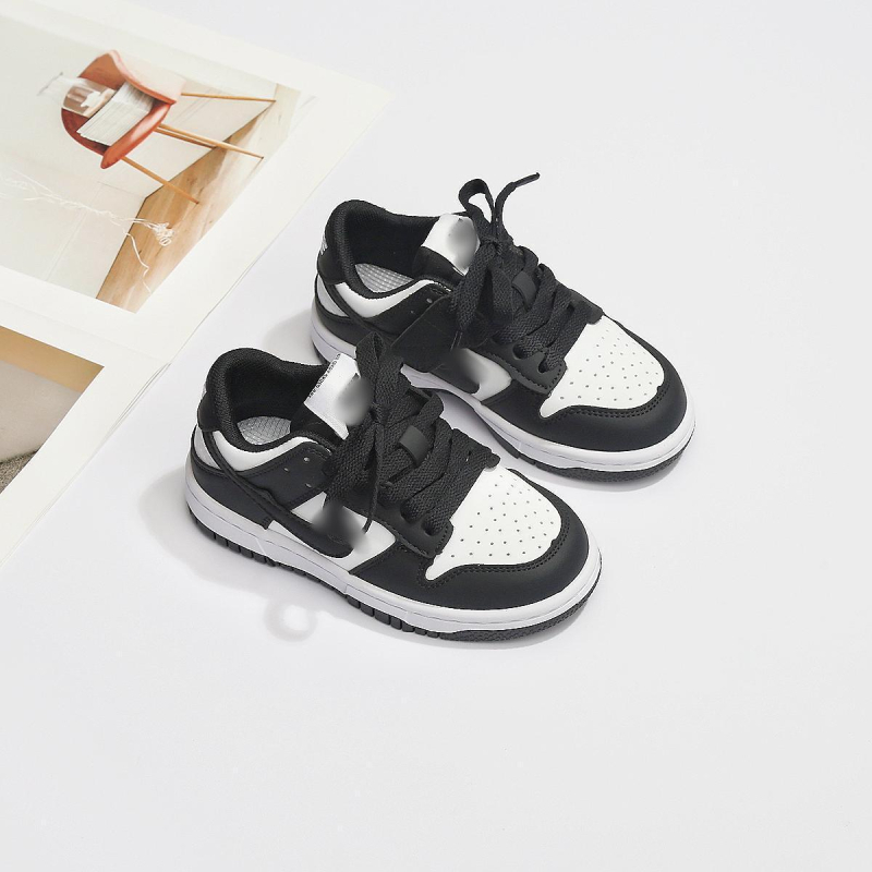 Pantofi sport unisex pentru copii din piele naturală, respirabili, panda negru-alb, blocuri de culoare, croi scurt, Velcro
