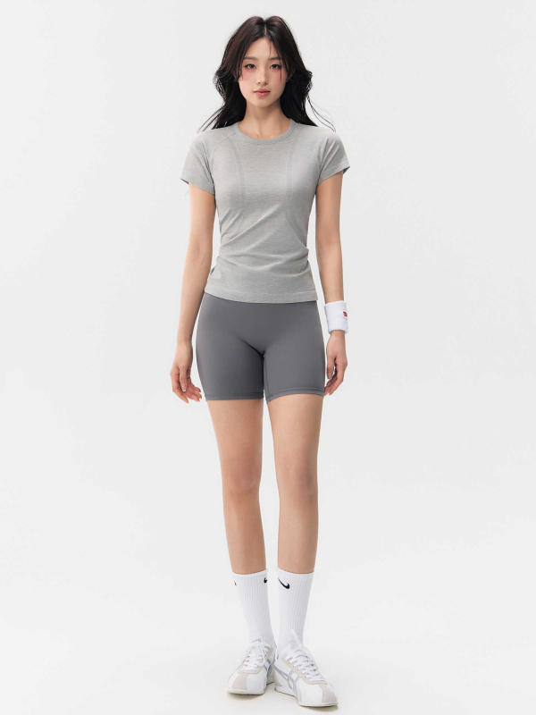 Γυναικείο τοπ γιόγκα με στρογγυλό λαιμό, χωρίς ραφές, κοντό μανίκι, ελαστικό, στενό fit, γρήγορο στέγνωμα, καλοκαιρινό αθλητικό T‑shirt