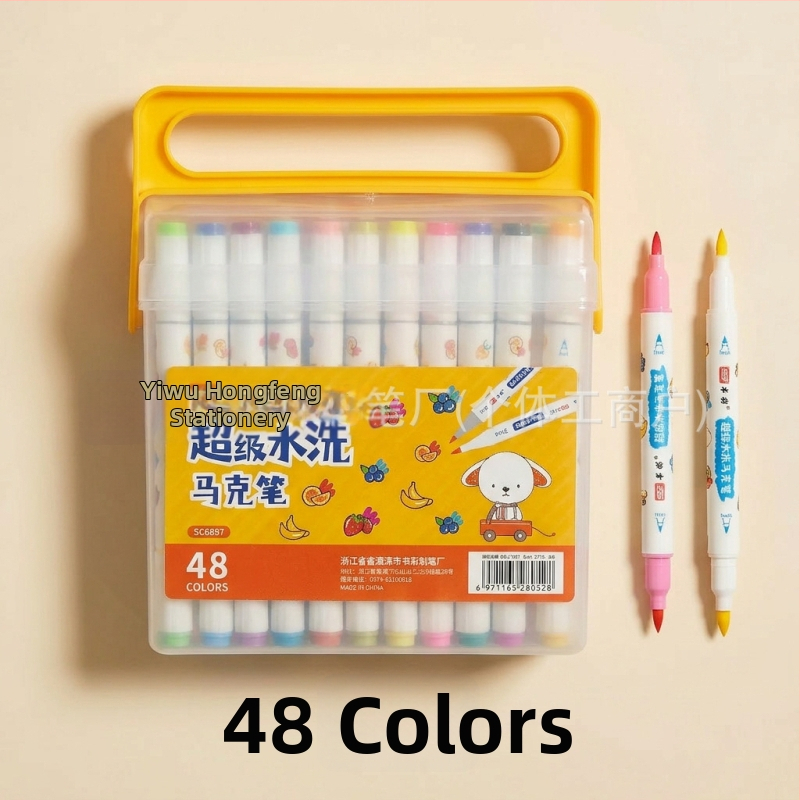 Dvojfarebné fixky Book Color Easy-Wash s trojuholníkovým telom, na vodnej báze, nerozpíjajúce sa a vrstviteľné, skladacie kresliace perá, šírka čiary 6 mm, sada 48 farieb