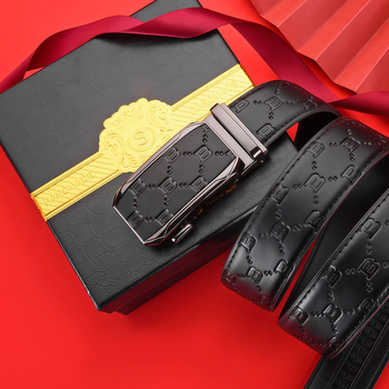 Ανδρική ζώνη από βοδινό δέρμα με αυτόματη αγκράφα, γνήσιο δέρμα, επιχειρηματικό στυλ, μαύρη ευρεία ζώνη μέσης, σχέδιο κινεζικού στυλ