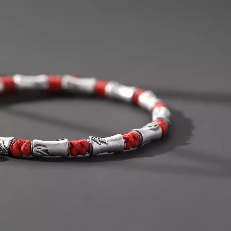 Brățară împletită din sârmă roșie cu segmente de bambus, pentru bărbați/unisex, stil chinezesc