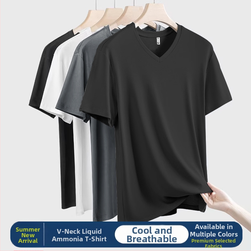 Ανδρικό καλοκαιρινό T‑shirt με κοντό μανίκι και V‑λαιμό, διαπνέον και λεπτό μείγμα βαμβακιού-πολυεστέρα, βασικό ρούχο για αθλητικές δραστηριότητες
