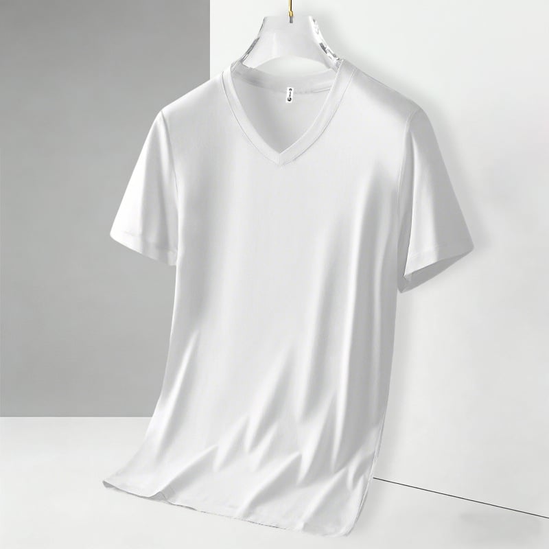 Ανδρικό καλοκαιρινό T‑shirt με κοντό μανίκι και V‑λαιμό, διαπνέον και λεπτό μείγμα βαμβακιού-πολυεστέρα, βασικό ρούχο για αθλητικές δραστηριότητες
