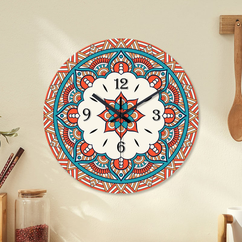 Ceas de perete cu mandală marocană, 12 inch, sticlă securizată, mișcare silențioasă, decor pentru living