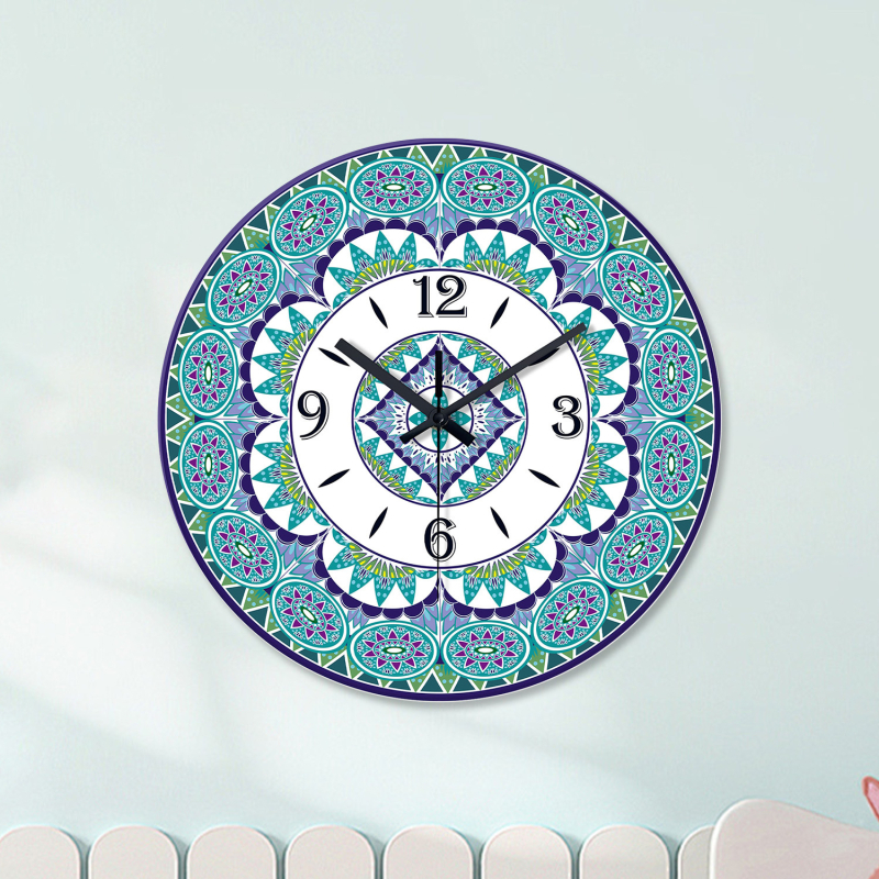 Ceas de perete cu mandală marocană, 12 inch, sticlă securizată, mișcare silențioasă, decor pentru living