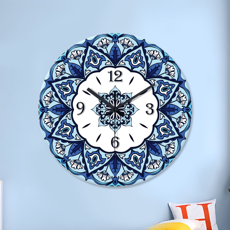 Ceas de perete cu mandală marocană, 12 inch, sticlă securizată, mișcare silențioasă, decor pentru living