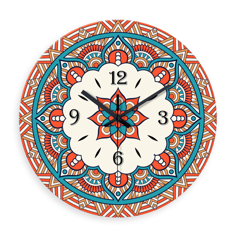 Ceas de perete cu mandală marocană, 12 inch, sticlă securizată, mișcare silențioasă, decor pentru living
