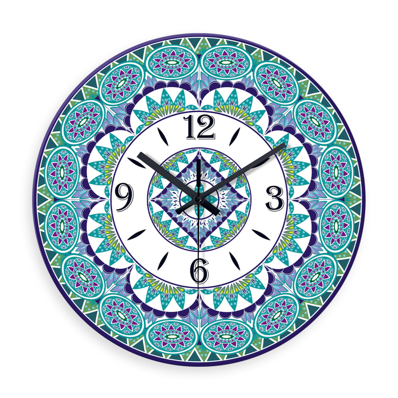 Ceas de perete cu mandală marocană, 12 inch, sticlă securizată, mișcare silențioasă, decor pentru living