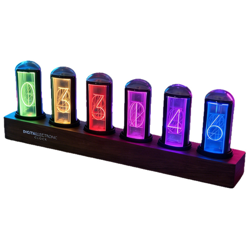Ceas digital LED cu tub Nixie pseudo, RGB colorat, stil cyberpunk, pentru decor pe desktop PC de gaming