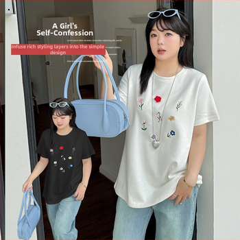 Dámske kvetinové vyšívané tričko s okrúhlym výstrihom Mu Jun pre plnšie veľkosti, jar 2025, kód 132041