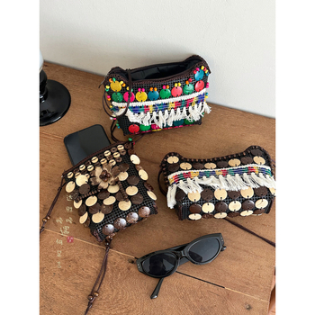 Καφέ τσάντα crossbody από κοχύλι καρύδας με φούντες, υφαντή, γυναικεία μποέμικο-εθνοτικό ρετρό στυλ, πορτοφόλι για κέρματα, μικρή τσάντα στον ώμο