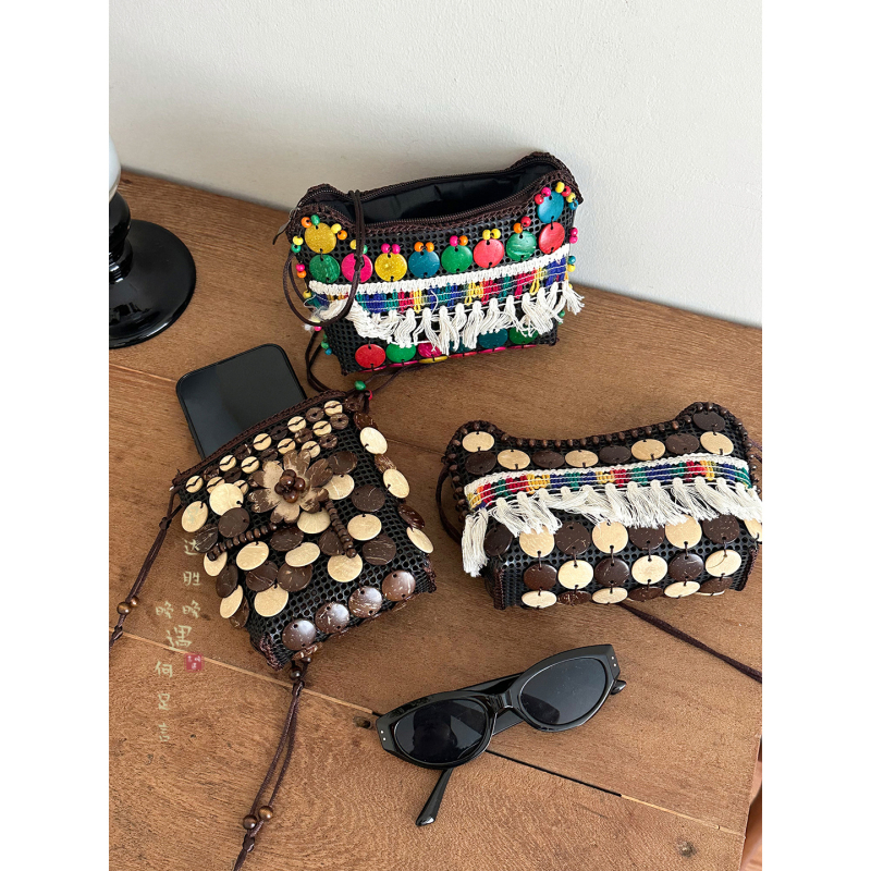 Καφέ τσάντα crossbody από κοχύλι καρύδας με φούντες, υφαντή, γυναικεία μποέμικο-εθνοτικό ρετρό στυλ, πορτοφόλι για κέρματα, μικρή τσάντα στον ώμο