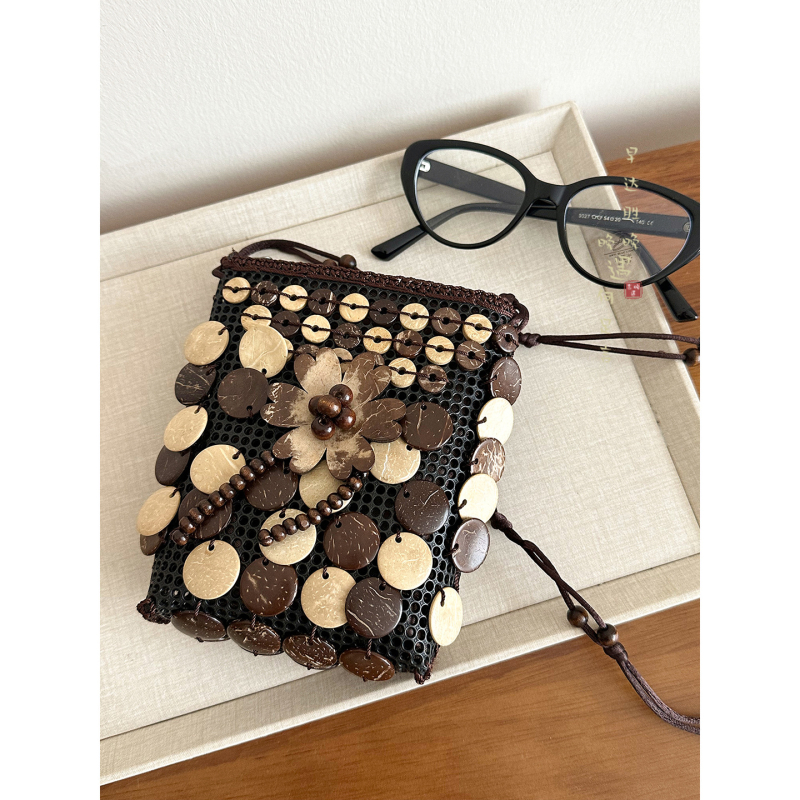 Καφέ τσάντα crossbody από κοχύλι καρύδας με φούντες, υφαντή, γυναικεία μποέμικο-εθνοτικό ρετρό στυλ, πορτοφόλι για κέρματα, μικρή τσάντα στον ώμο