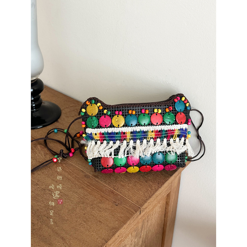 Καφέ τσάντα crossbody από κοχύλι καρύδας με φούντες, υφαντή, γυναικεία μποέμικο-εθνοτικό ρετρό στυλ, πορτοφόλι για κέρματα, μικρή τσάντα στον ώμο