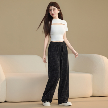 Γυναικείες φαρδιές παντελόνες σε μέγεθος plus size, λεπτές, casual, από ice silk με λαμπερή υφή και κρύσταλλα, υψηλή μέση, μήκος μέχρι το πάτωμα