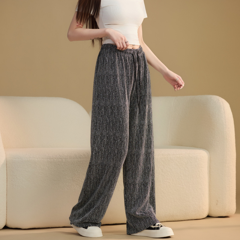 Γυναικείες φαρδιές παντελόνες σε μέγεθος plus size, λεπτές, casual, από ice silk με λαμπερή υφή και κρύσταλλα, υψηλή μέση, μήκος μέχρι το πάτωμα