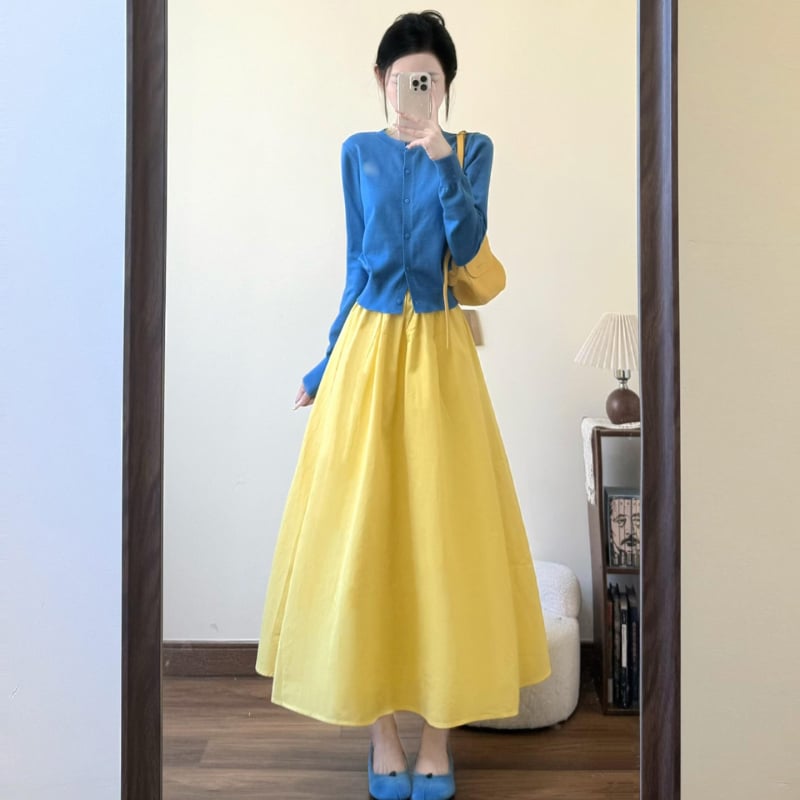 Σετ πλεκτού cardigan και φούστας σε Klein Blue για γυναίκες, Άνοιξη 2026, μακριά φούστα