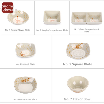 Sada riadu z melamínu s kvetinovým vzorom A5, porcelánový vzhľad, priemer 14 cm; obsahuje misku na omáčku, misku na ocot, misku na olej, tanier na občerstvenie a malú ochutnávaciu misku