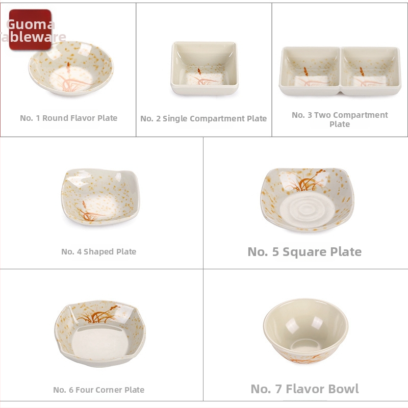 Sada riadu z melamínu s kvetinovým vzorom A5, porcelánový vzhľad, priemer 14 cm; obsahuje misku na omáčku, misku na ocot, misku na olej, tanier na občerstvenie a malú ochutnávaciu misku