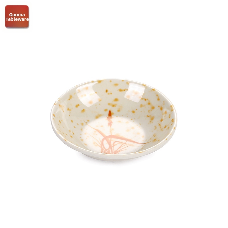 Sada riadu z melamínu s kvetinovým vzorom A5, porcelánový vzhľad, priemer 14 cm; obsahuje misku na omáčku, misku na ocot, misku na olej, tanier na občerstvenie a malú ochutnávaciu misku