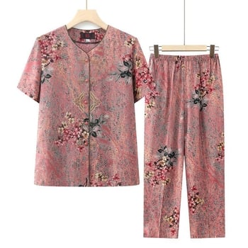 Νέο στυλ σετ για γιαγιά από βαμβακο-σίλκο, Plus Size, χαλαρή μπλούζα με κοντά μανίκια για καλοκαίρι