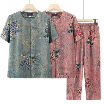 Νέο στυλ σετ για γιαγιά από βαμβακο-σίλκο, Plus Size, χαλαρή μπλούζα με κοντά μανίκια για καλοκαίρι