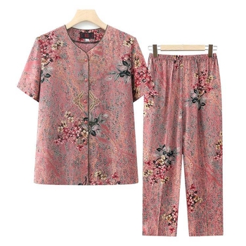 Νέο στυλ σετ για γιαγιά από βαμβακο-σίλκο, Plus Size, χαλαρή μπλούζα με κοντά μανίκια για καλοκαίρι
