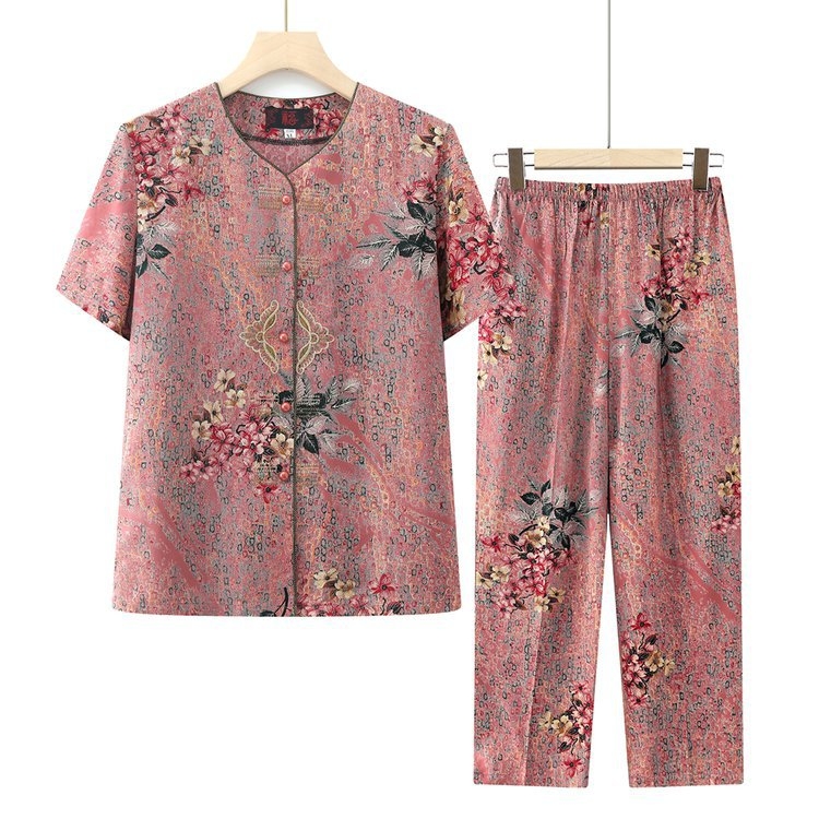 Νέο στυλ σετ για γιαγιά από βαμβακο-σίλκο, Plus Size, χαλαρή μπλούζα με κοντά μανίκια για καλοκαίρι