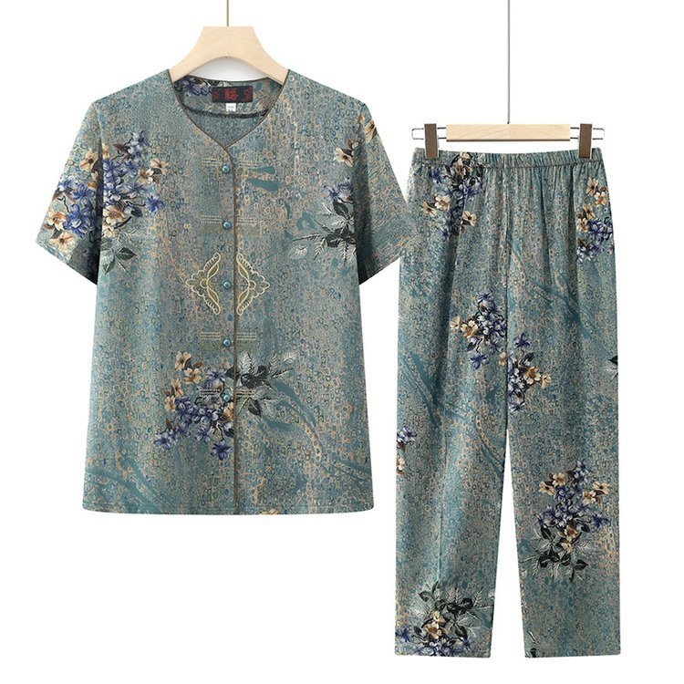 Νέο στυλ σετ για γιαγιά από βαμβακο-σίλκο, Plus Size, χαλαρή μπλούζα με κοντά μανίκια για καλοκαίρι