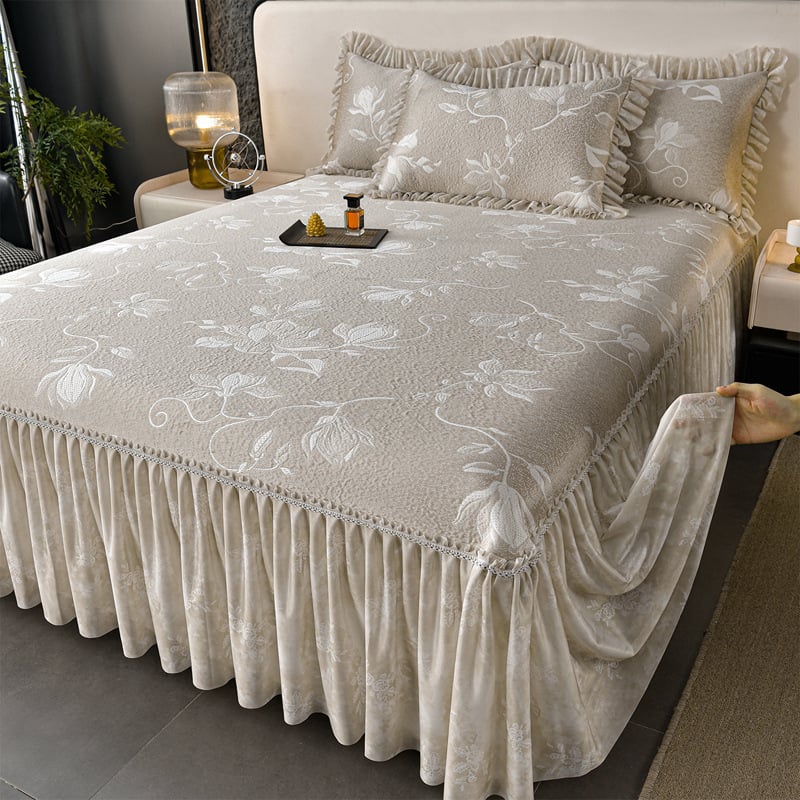 Τριμελές σετ πολυμερούς ψύξης από ύφασμα ice-silk, παχυσμένο, πλένεται στο πλυντήριο, στυλ φούστα κρεβατιού