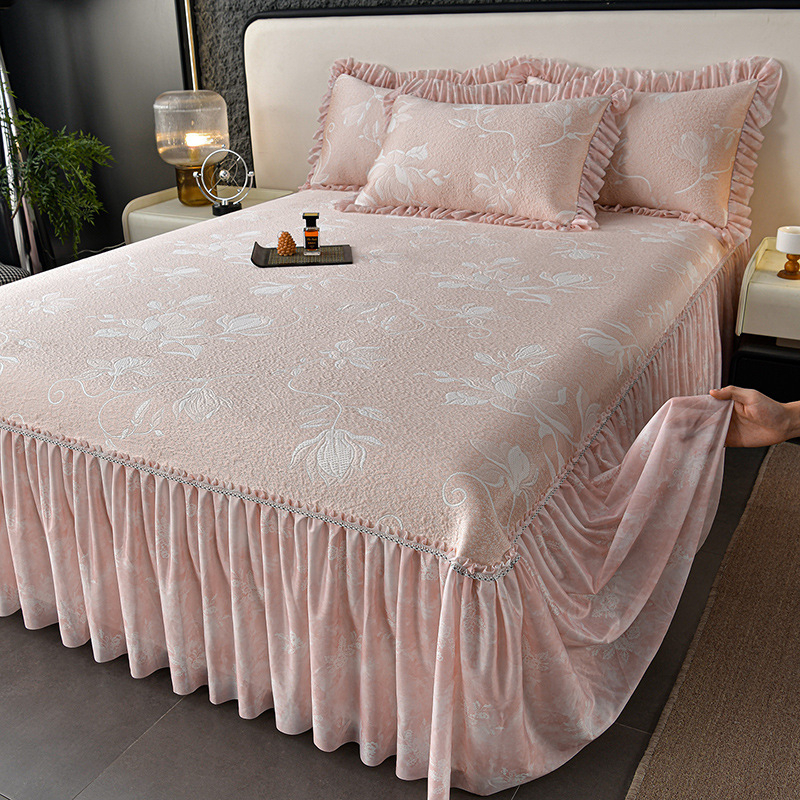 Τριμελές σετ πολυμερούς ψύξης από ύφασμα ice-silk, παχυσμένο, πλένεται στο πλυντήριο, στυλ φούστα κρεβατιού