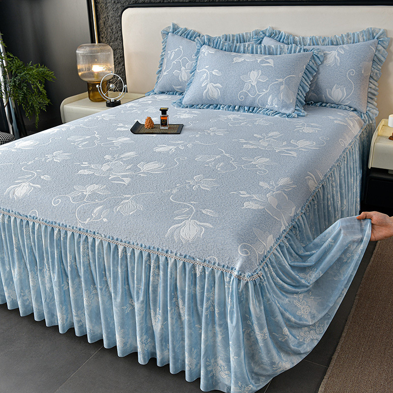 Τριμελές σετ πολυμερούς ψύξης από ύφασμα ice-silk, παχυσμένο, πλένεται στο πλυντήριο, στυλ φούστα κρεβατιού
