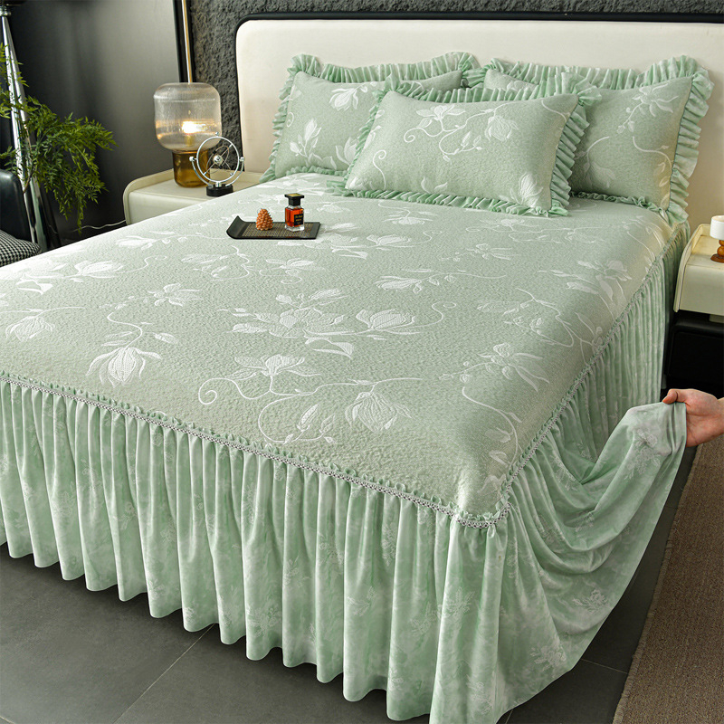 Τριμελές σετ πολυμερούς ψύξης από ύφασμα ice-silk, παχυσμένο, πλένεται στο πλυντήριο, στυλ φούστα κρεβατιού