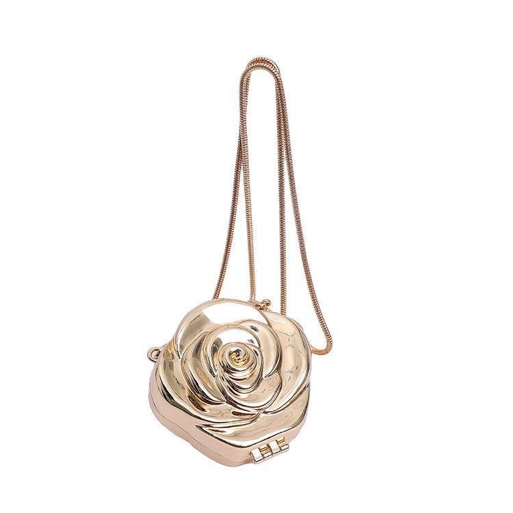 Μεταλλική τσάντα με καμέλια, μίνι βραδινή crossbody clutch