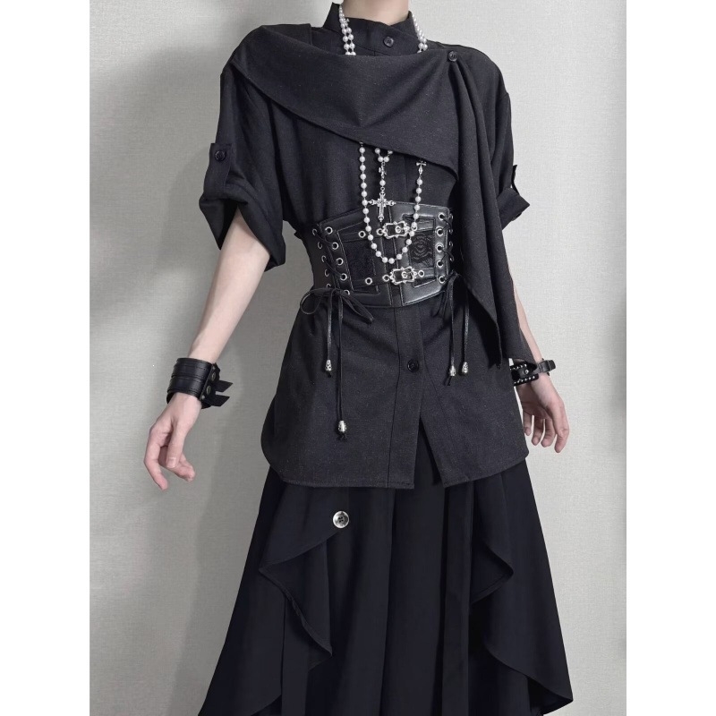 Πουκάμισο με διακοσμητικό κορδέλας и όρθιος γιακάς, unisex, Άνοιξη-Φθινόπωρο, ορεινό στυλ, υψηλής ποιότητας σχεδίαση