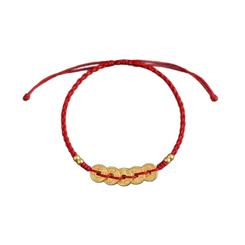 Brățară împletită cu monedele celor Cinci Împărați, culoare aurie, șnur roșu – unisex, mărgele norocoase, anul zodiacal