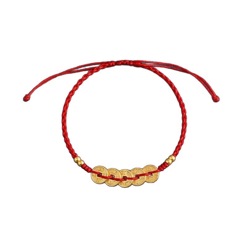 Brățară împletită cu monedele celor Cinci Împărați, culoare aurie, șnur roșu – unisex, mărgele norocoase, anul zodiacal