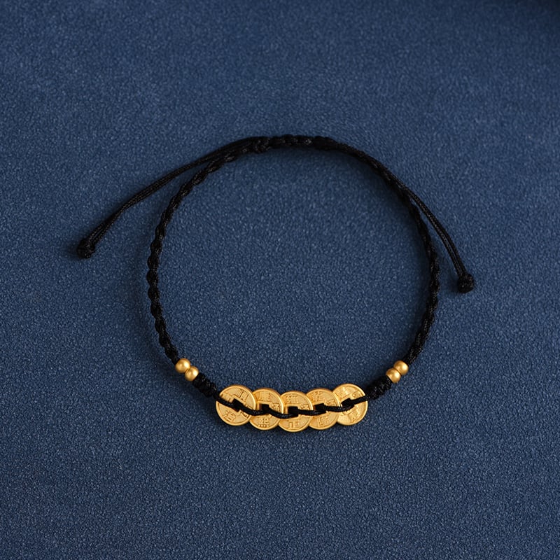 Brățară împletită cu monedele celor Cinci Împărați, culoare aurie, șnur roșu – unisex, mărgele norocoase, anul zodiacal