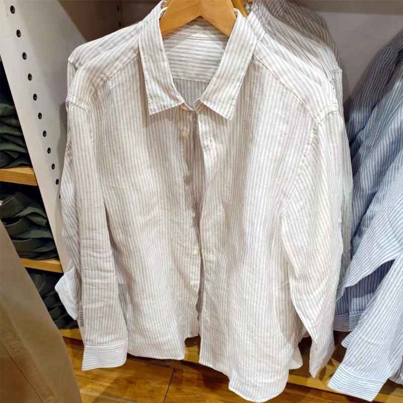 Unisex πουκάμισο από γαλλικό λινό με ρίγες, ελαφρύ μακρυμάνικο πουκάμισο για την άνοιξη 2025
