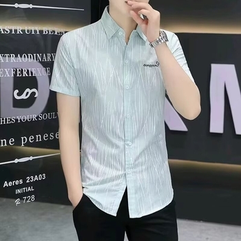 Ανδρικό πουκάμισο κοντομάνικο με ρίγες, Slim Fit, ελαφρύ πολυεστέρας, γιακά με πέτα, στυλ Χονγκ Κονγκ, καλοκαίρι 2025