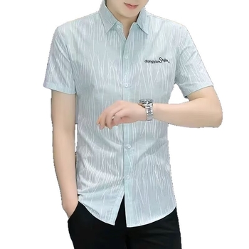 Ανδρικό πουκάμισο κοντομάνικο με ρίγες, Slim Fit, ελαφρύ πολυεστέρας, γιακά με πέτα, στυλ Χονγκ Κονγκ, καλοκαίρι 2025