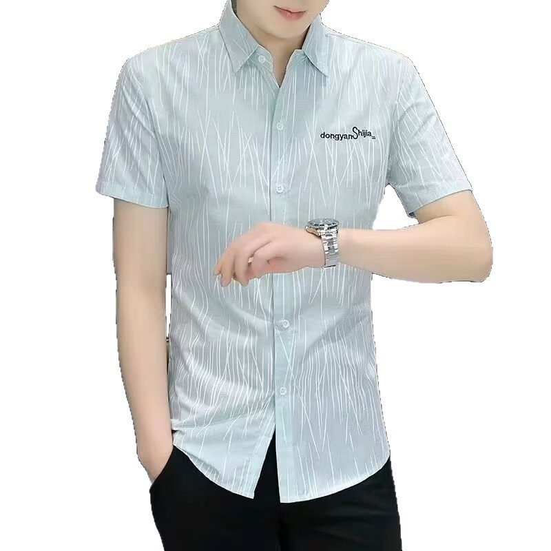 Ανδρικό πουκάμισο κοντομάνικο με ρίγες, Slim Fit, ελαφρύ πολυεστέρας, γιακά με πέτα, στυλ Χονγκ Κονγκ, καλοκαίρι 2025